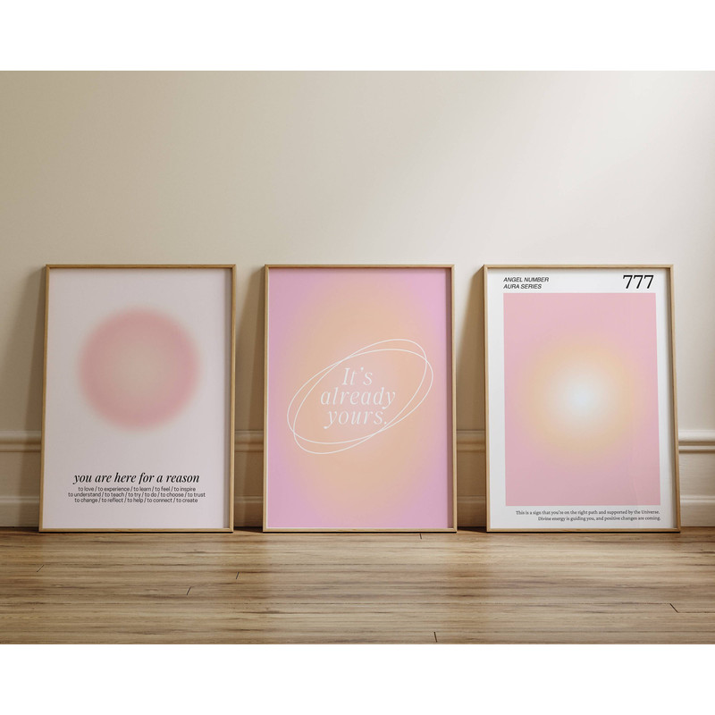 Positive Affirmation Pink Aura Poster, Angel Numbers 777, Printable Set of 3 Prints, Aesthetic Room Decor, Trendy 3 Piece Gradient Wall Art.jpg
