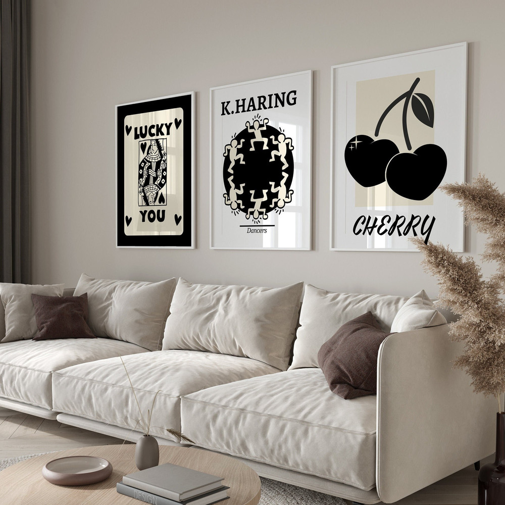 Retro Trendy Wall Art Set Of 3, Funky Dorm Decor, Lucky You Poster, Queen of Hearts Wall Art, Keith Haring Print, Cherry Poster, DIGITAL ART.jpg