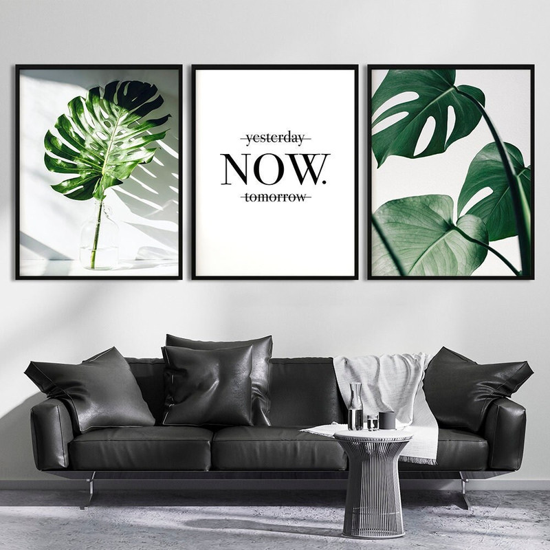 Scandinavian 3 piece wall art print Botanical leaf print Floral modern wall decor Extra large marble set poster Bedroom nordic framed canvas.jpg