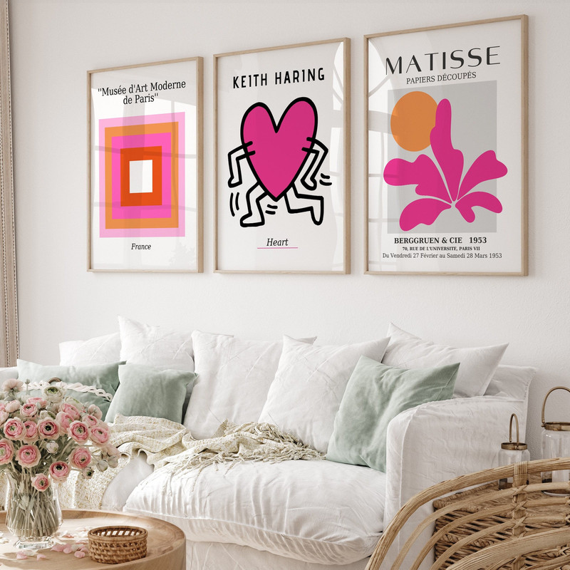 Set of 3 Digital Art, Keith Love Poster, Pink Orange Color Block Print, Matisse Poster Set, Gallery Wall Bundle, Museum Poster, Haring Print.jpg