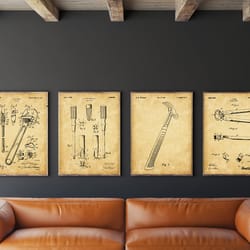 tool patent print set of 4, diy tool posters, workshop poster,screwdriver patent, wrench poster,vice patent, hammer post