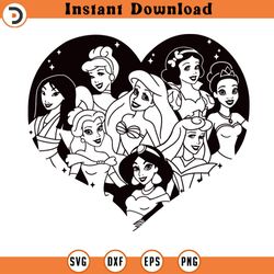 all princesses svg , ariel snow white belle jasmine aurora tiana mulan princess , cut file outline silhouette