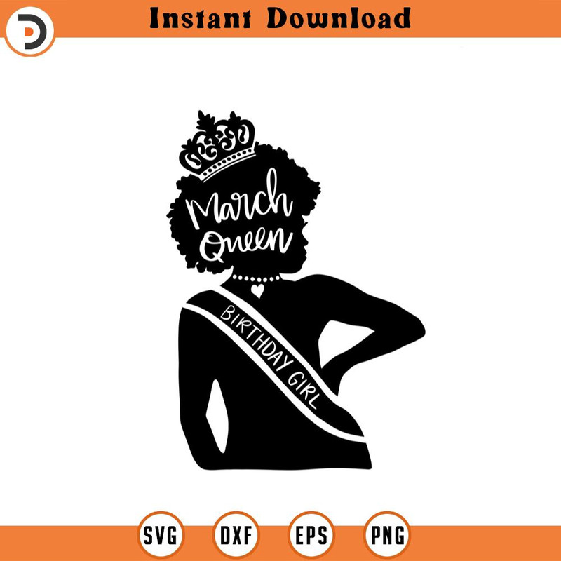 SVG1144-Birthday Queen of March SVG, Afro Birthday Queen svg, Afro Girl SVG, Afro Birthday Girls, Black Birthday Queen SVG, Cut file for Cricut.jpg