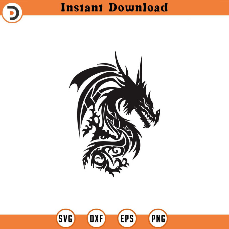 SVG1238-Dragon SVG, Tribal Dragon SVG, Dragon Tattoo svg, Dragon Silhouette, Dragon Vector, Dragon Clipart, Cut File Cricut, Silhouette.jpg