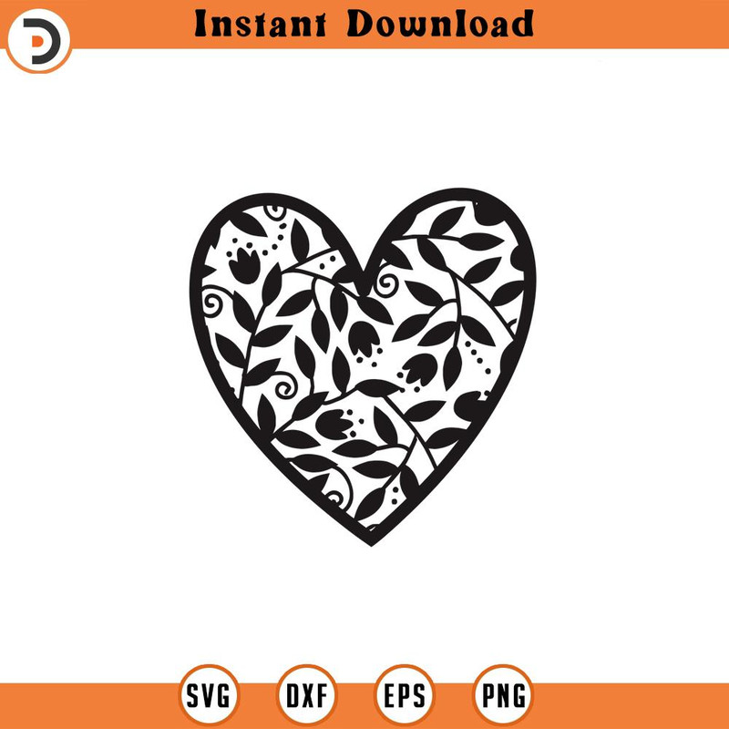 SVG1406-Leaves Pattern Heart Svg, Heart SVG, Hand-drawn Heart svg, Valentine Heart svg, Heart Shape, Patterned Heart, Cut Files Cricut,Silhouette.jpg