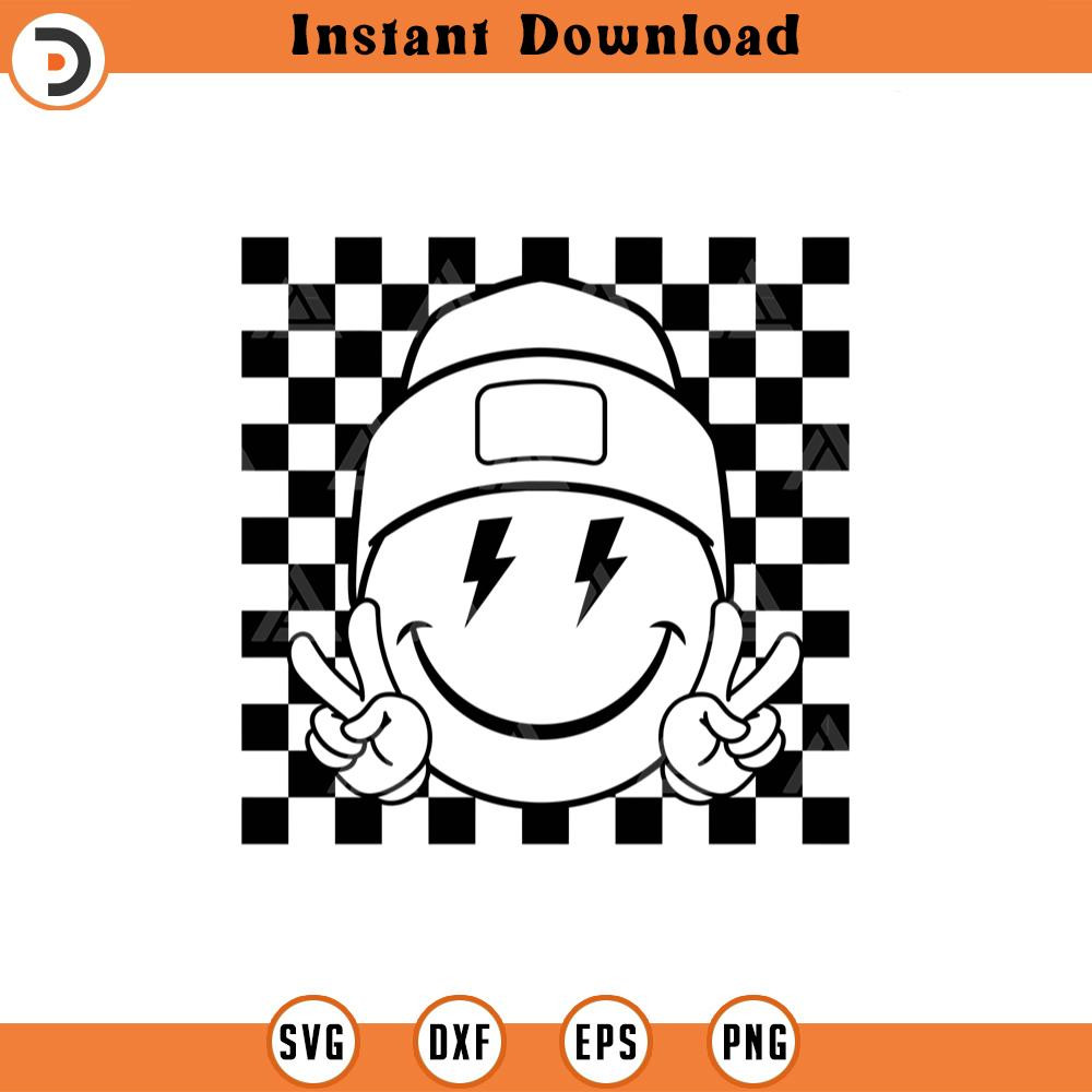 SVG2019-Checkered Happy Face Beanie Svg, Peace Sign Svg, Lightning Bolt Eyes, Retro Happy Face PNG Clipart Cut File Cricut, Silhouette, Vector.jpg