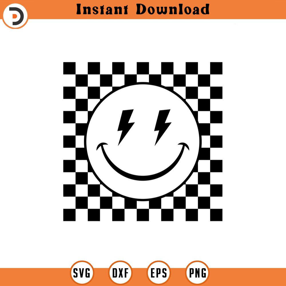 SVG2021-Checkered Happy Face Svg, Lightning Bolt Eyes Svg, Retro Happy Face PNG, Good Vibes Only Cut File Cricut, Silhouette, Png Pdf, Vector.jpg