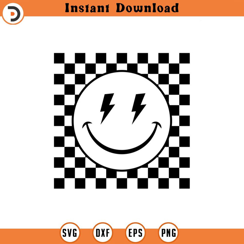 SVG2021-Checkered Happy Face Svg, Lightning Bolt Eyes Svg, Retro Happy Face PNG, Good Vibes Only Cut File Cricut, Silhouette, Png Pdf, Vector.jpg