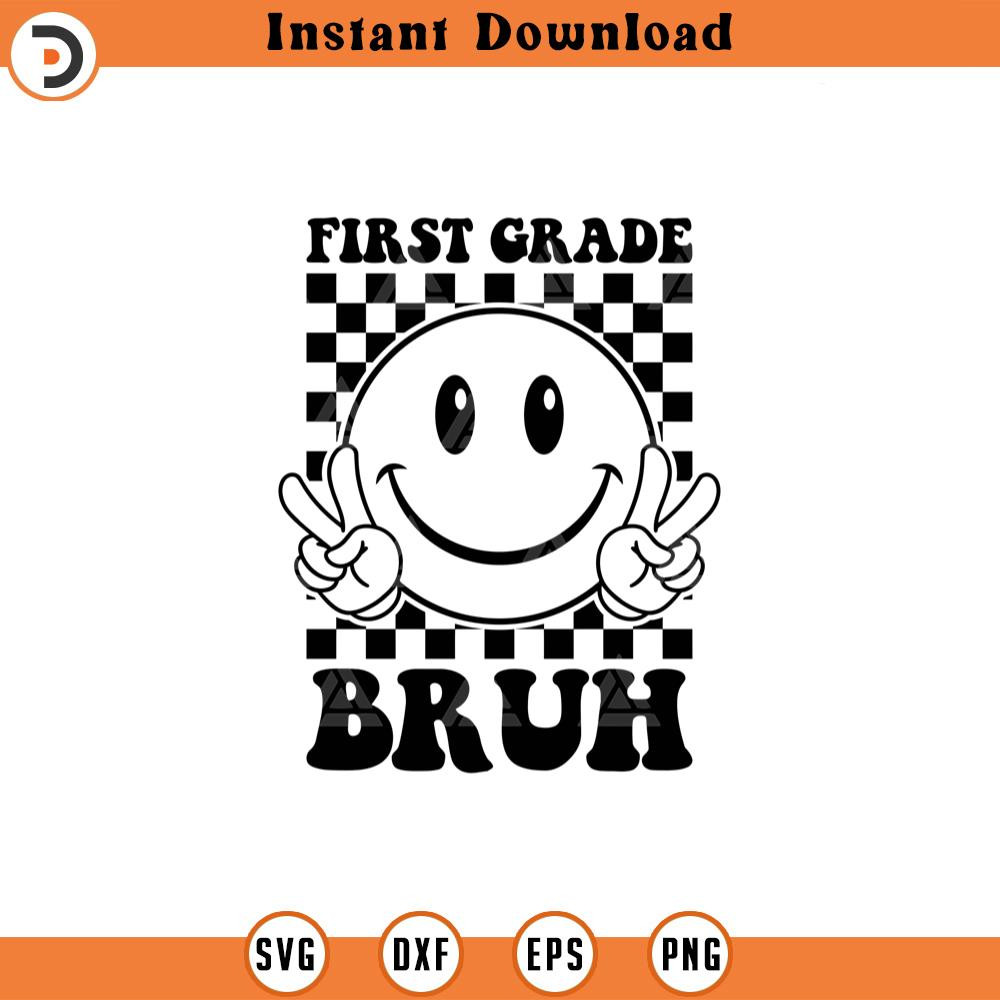 SVG2117-First Grade Bruh Svg, Checkered Happy Face Svg, Happy Face Clipart, Retro Happy Face PNG Cut File Cricut, Silhouette, Png Pdf, Vector.jpg