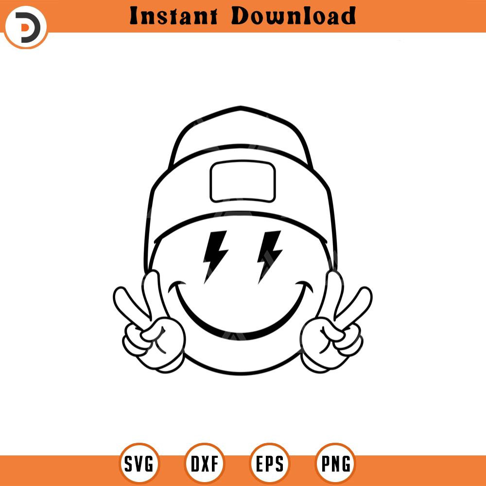 SVG2247-Happy Face Beanie Svg, Peace Sign Svg, Lightning Bolt Eyes, Happy Face Clipart, Retro Happy Face PNG Cut File Cricut, Silhouette, Vector.jpg