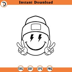 happy face beanie svg, peace sign svg, lightning bolt eyes, happy face clipart, retro happy face png cut file cricut