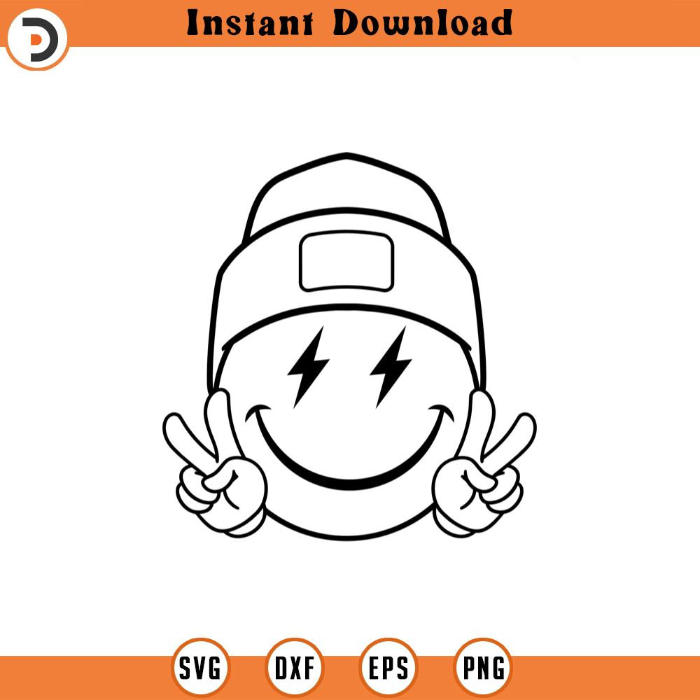 SVG2248-Happy Face Beanie Svg, Peace Sign Svg, Retro Happy Face PNG, Lightning Bolt Eyes, Happy Face Clipart Cut File Cricut, Silhouette, Vector.jpg