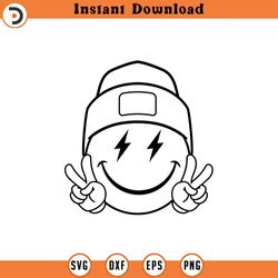 happy face beanie svg, peace sign svg, retro happy face png, lightning bolt eyes, happy face clipart cut file cricut
