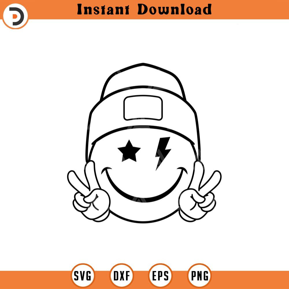 SVG2249-Happy Face Beanie Svg, Peace Sign, Retro Happy Face PNG, Star Lightning Bolt Eyes, Happy Face Clipart Cut File Cricut, Silhouette, Vector.jpg