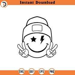 happy face beanie svg, peace sign, retro happy face png, star lightning bolt eyes, happy face clipart cut file cricut
