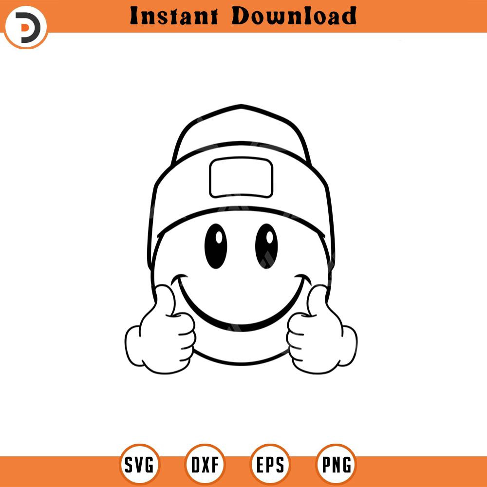 SVG2251-Happy Face Beanie Svg, Thumbs Up Svg, Happy Face Clipart, Retro Happy Face PNG, Good Vibes Cut File Cricut, Silhouette, Png Pdf, Vector.jpg