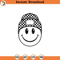 happy face svg, checkered beanie hat svg, happy face clipart, retro happy face png cut file cricut, silhouette, png pdf
