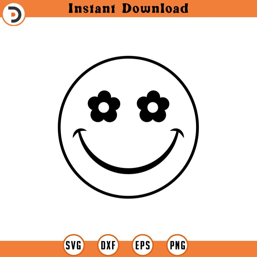 SVG2257-Happy Face Svg, Flower Eyes Svg, Retro Happy Face PNG, Positive, Good Vibes Only Cut File Cricut, Silhouette, Png Pdf, Vector.jpg