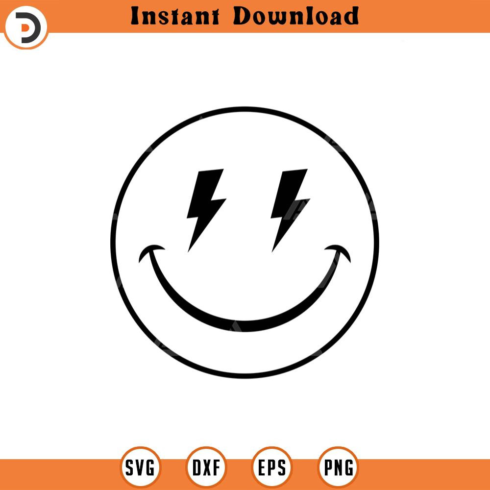 SVG2260-Happy Face Svg, Lightning Bolt Eyes Svg, Positive, Retro Happy Face PNG, Good Vibes Only Cut File Cricut, Silhouette, Png Pdf, Vector.jpg