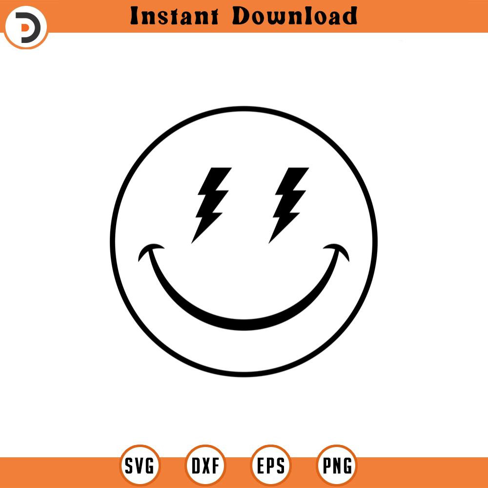 SVG2261-Happy Face Svg, Lightning Bolt Eyes Svg, Retro Happy Face PNG, Positive, Good Vibes Only Cut File Cricut, Silhouette, Png Pdf, Vector.jpg