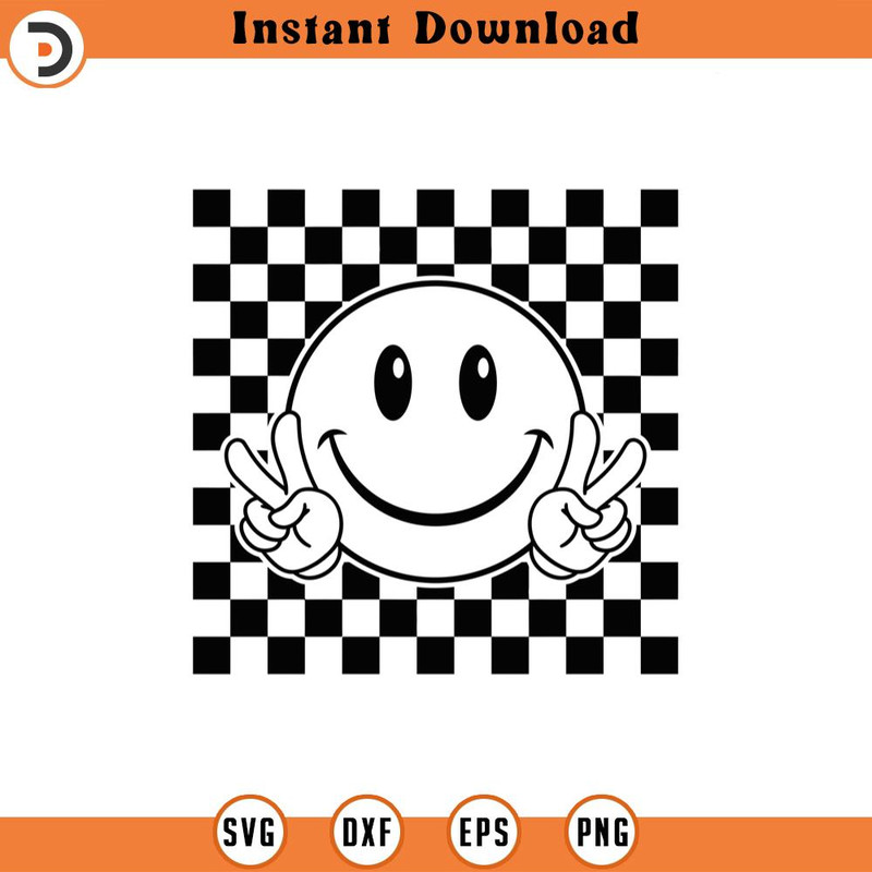 SVG2264-Happy Face Svg, Peace Sign Svg, Checkered Happy Face Clipart, Retro Happy Face PNG Cut File Cricut, Silhouette, Png Pdf, Vector.jpg