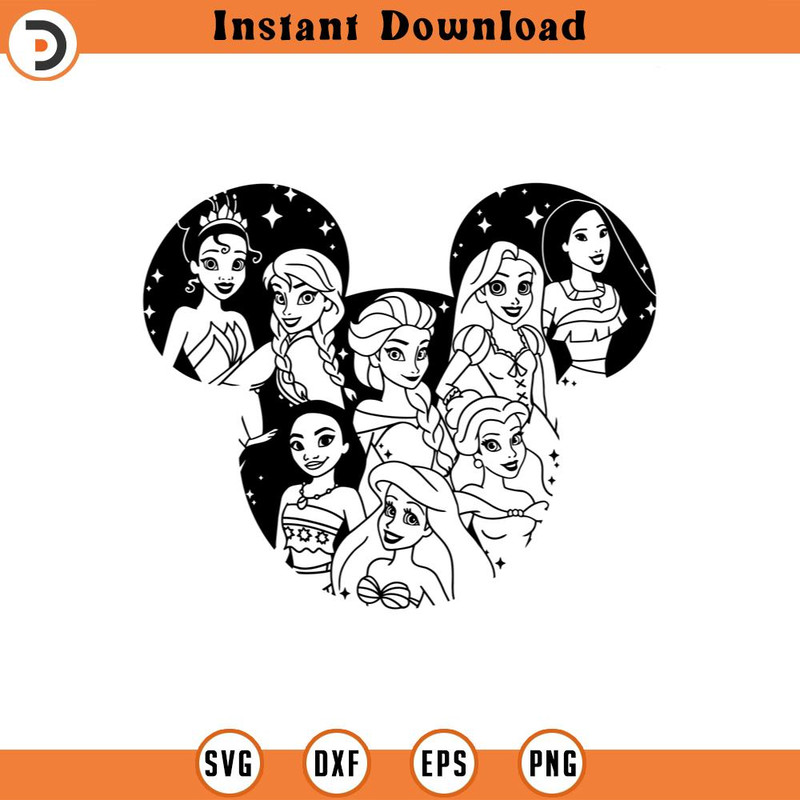 SVG4423-Princess SVG Disneyland ears DXF png , princesses ariel elsa moana belle tiana pocahontas rapunzel , cut file outline silhouette.jpg