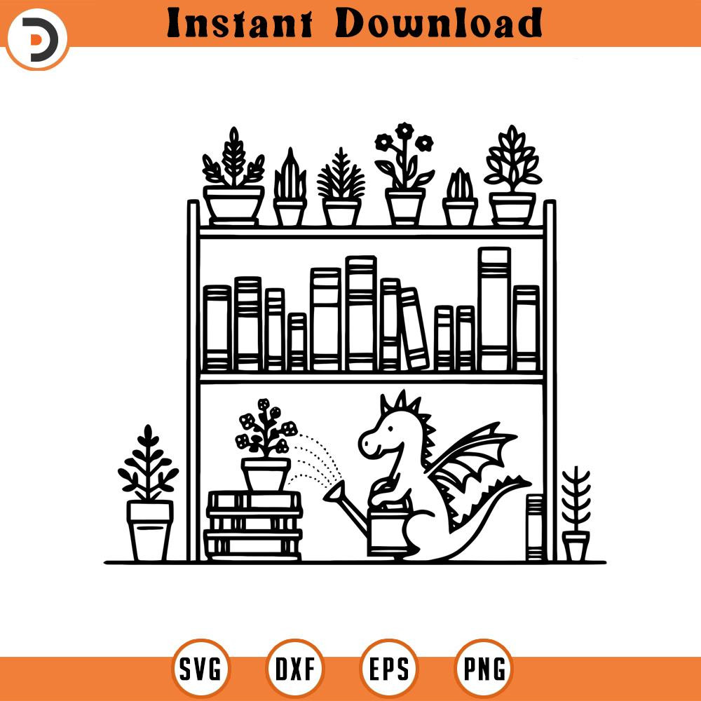 160524299-Bookshelf Dragon Graphic Gift for Plant Lovers SVG Silhouette, Cricut File .jpg