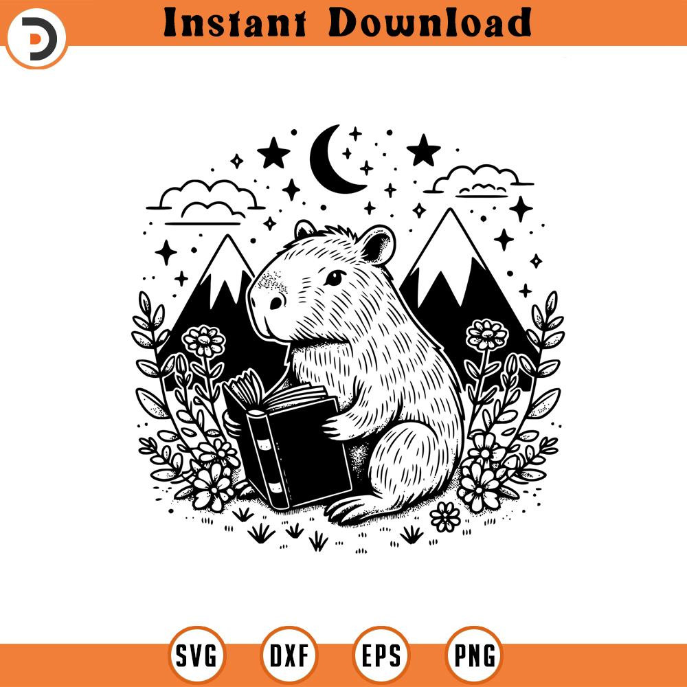 160524298-Capybara Reading Graphic Mountains Wildflowers Bohoh SVG Silhouette, Cricut File .jpg