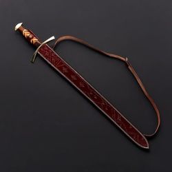 Personalised hunting sword with a leather sheath, custom-made damascus steel sword