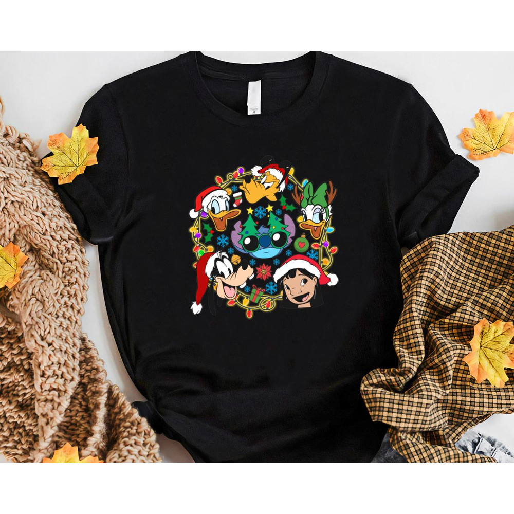 Christmas Lights Friends Stitch Lilo Goofy Pluto Donald Daisy Friends Holiday Gift Unisex Tshirt Sw 1
