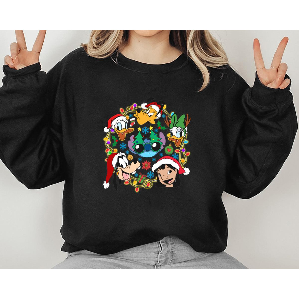 Christmas Lights Friends Stitch Lilo Goofy Pluto Donald Daisy Friends Holiday Gift Unisex Tshirt Sw 2