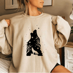 howling wolf t shirt, wolf shirt, fall t-shirt, wolf lover gift, cute animal lover sweatshirt, moon stars wolf sweatshir