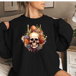 halloween sweatshirt, bloom skull sweatshirt, floral skull boho, womens fall sweater, flower skull skeleton crewneck, sk