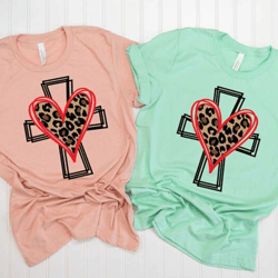 leopard print cross with hearth shirt, christian shirt, easter t-shirt, leopard hearth and cross shirt, christian gift