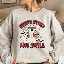 horror movies and chill sweatshirt, vintage halloween ghost shirt, horror movie t-shirt, halloween crewneck sweater, fal