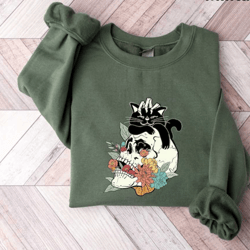 halloween black cat sweatshirt, spooky skeleton shirt, skull sweatshirt, black cat shirt, spooky season, halloween sweat