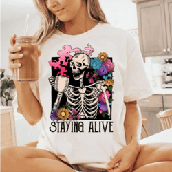 staying alive shirt, trendy coffee shirt, funny skeleton t-shirt, coffee lovers gift, skull vintage tshirt for women, co