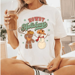 retro western christmas shirt, country christmas tshirt, western graphic tee, western snowman t-shirt, howdy holiday t s