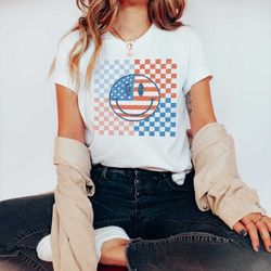 red white and blue happy face checkered / usa / fourth of july shirt / 4th of july / patriotic tee