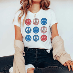 red white and blue happy face and peace sign / usa / fourth of july shirt / 4th of july / patriotic tee
