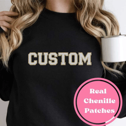 custom chenille patch sweatshirts, glitter & chenille varsity letter patch crewneck sweatshirt, personalized custom gift