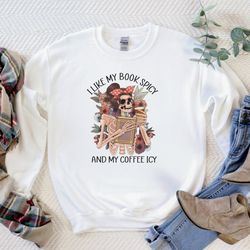 books and coffee funny sweatshirt skeleton crewneck