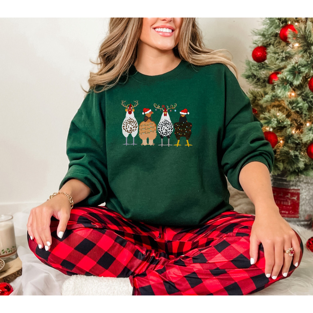 Christmas Chickens Sweatshirt, Cute Chicken Farm Animals Holiday Shirt, Trendy Santa Hat Animal Farmer Gift Holidays Crewneck.jpg