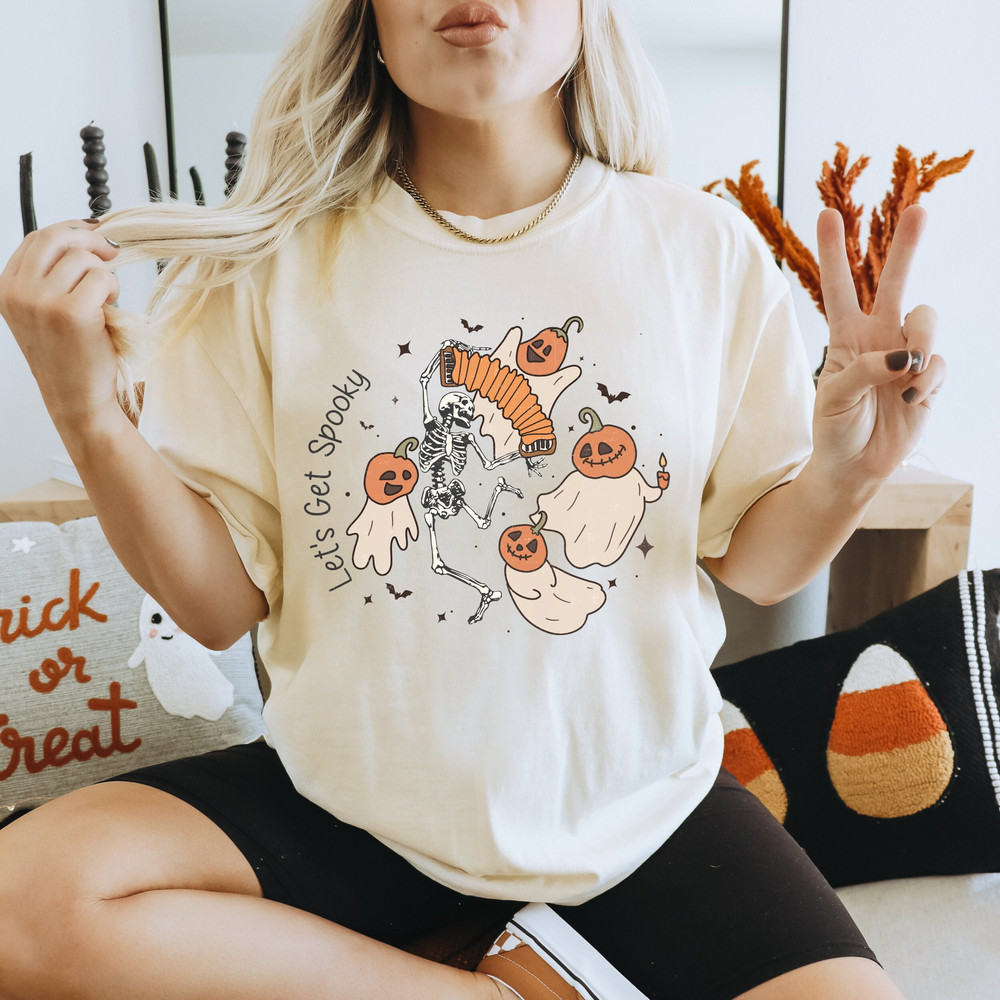 Comfort Colors, Let's Get Spooky Shirt, Halloween Shirts, Pumpkin T-shirt, Skeleton Dancing, Ghost Tshirt, Funny Fall Tees.jpg