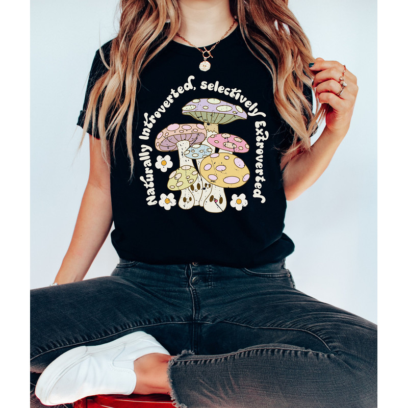 Distressed Retro Mushroom Shirt, Introverted Extroverted Cottagecore Vintage Mushrooms, Botanical Tshirt, Boho, Goblincore, Happy Positivity.jpg