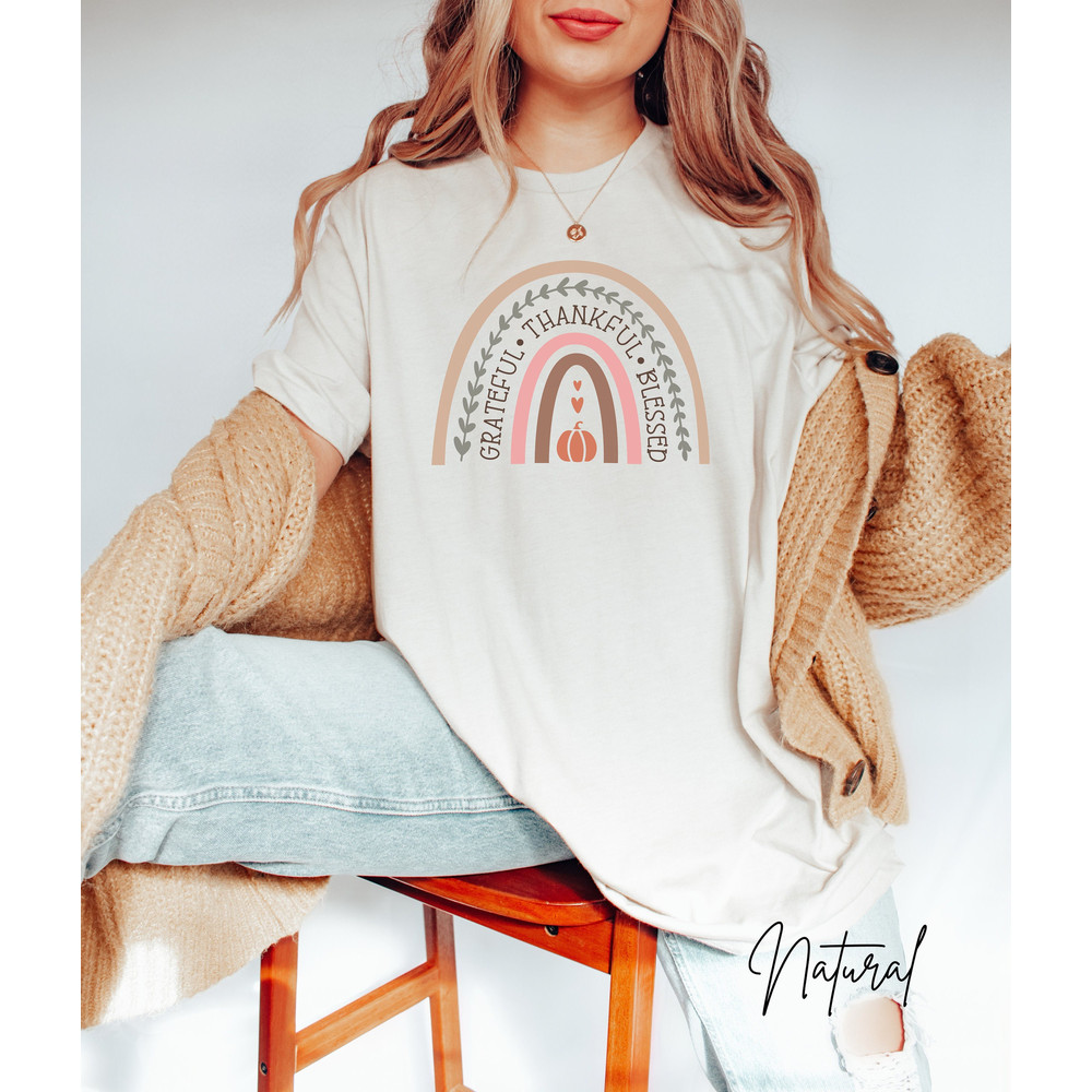 Thanksgiving Boho Rainbow Shirt, Grateful Thankful Blessed T-shirt, Fall Heart, Fall Doodles, Cottagecore, Pumpkin Heart Tee, Pumpkin Patch.jpg