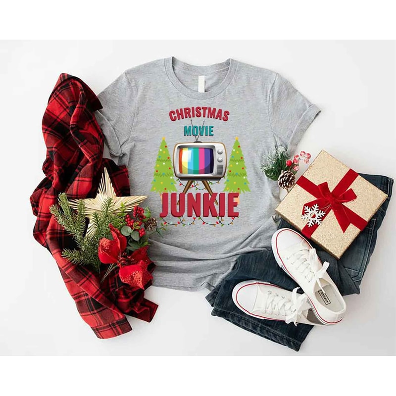 Christmas Movie Junkie Shirt, Movie Watching T-Shirt, Retro Christmas Tee, Funny Xmas Outfits, Christmas Tree Shirts, Xmas Movie Lover Gift.jpg