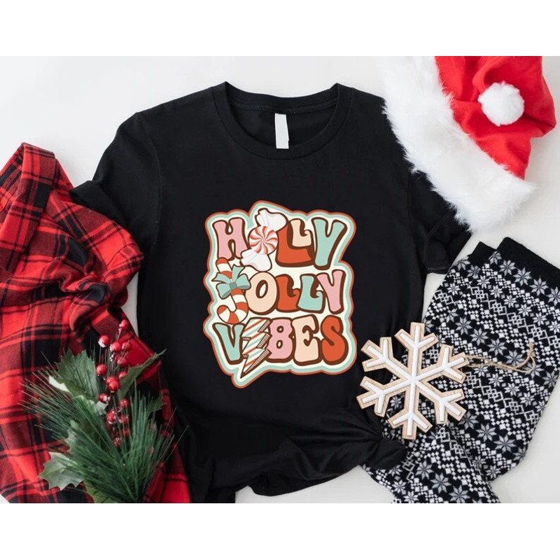 Holly Jolly Vibes Shirt, Retro Christmas T-Shirt, Groovy Holly Jolly Vibes Shirt, Retro Christmas Vibes Tee, Christmas Gift, Holiday Shirt.jpg