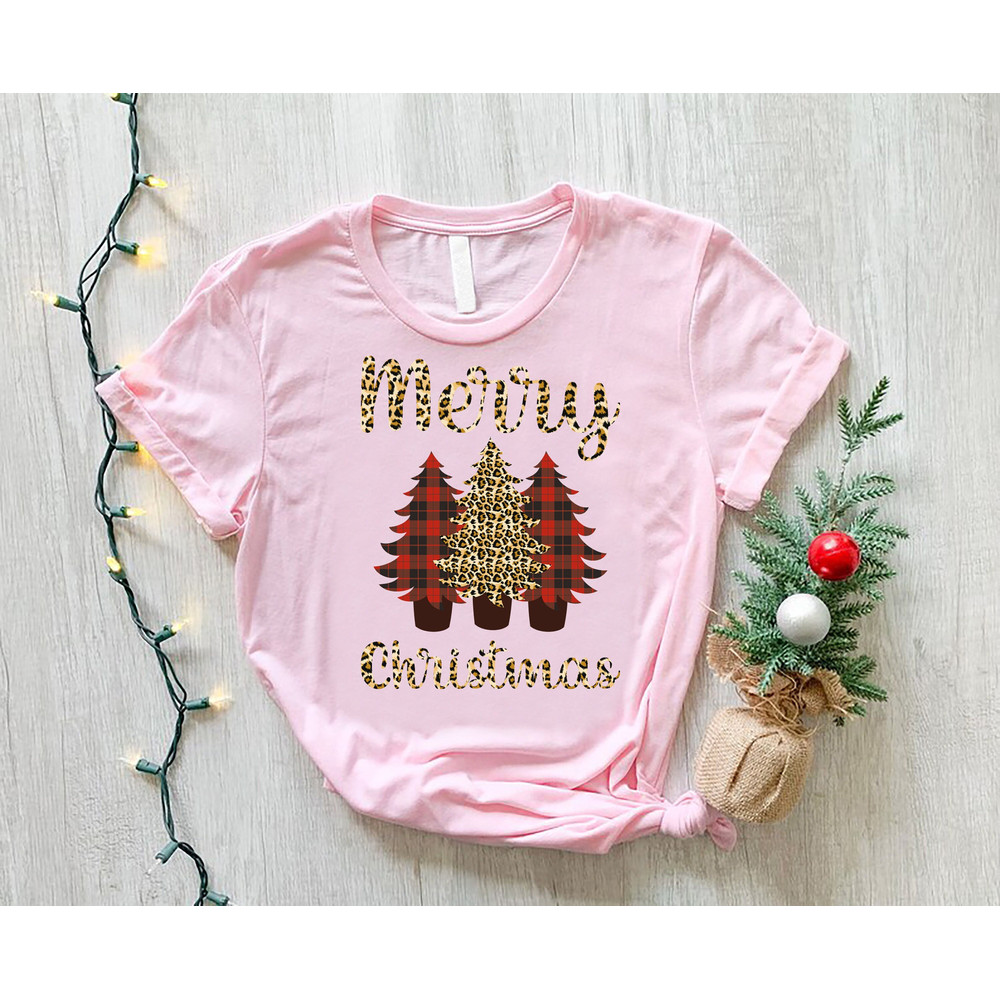 Ladies Merry Christmas Shirt, Leopard Print Christmas Tree TShirt, Women Holiday Gift Shirt, Xmas Shirt For Women, Christmas Plaid Trees Tee.jpg