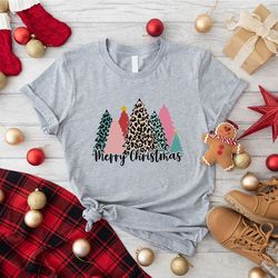 Ladies Merry Christmas Shirt, Merry Christmas Pink Christmas Trees T-Shirt, Leopard Print Christmas Tree Shirt, Xmas Tre